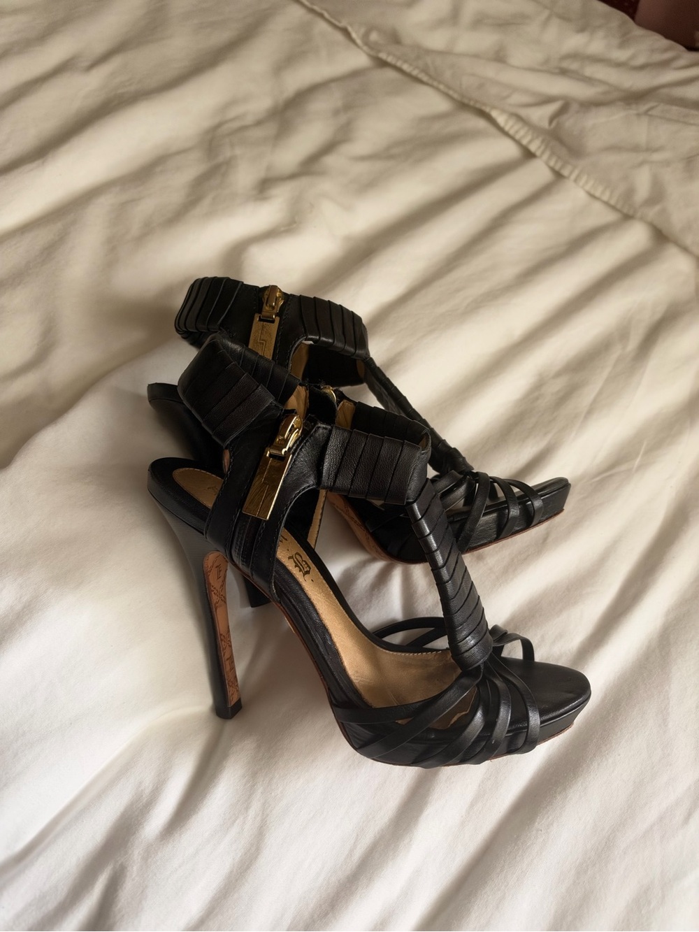 L.A.M.B. Gwen Stefani Black Leather T-Strap Stiletto Heels